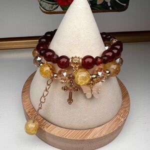 Gemstone Bracelet Set Red Yellow Crackle Cross Charm Boho Christian Butterfly